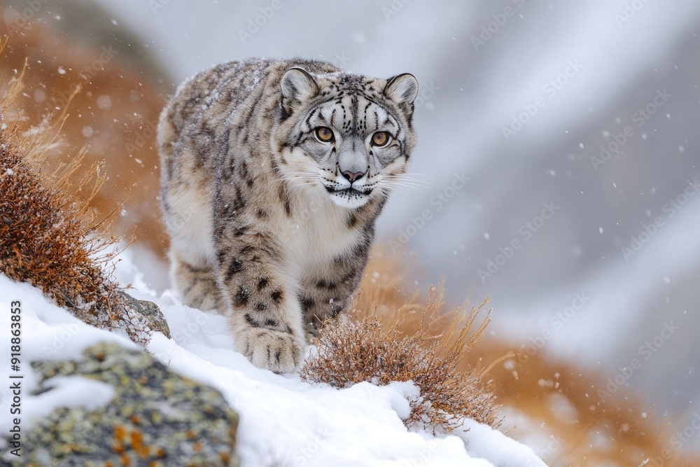Fototapeta premium Snow leopard walking in snowy mountain landscape gracefully.