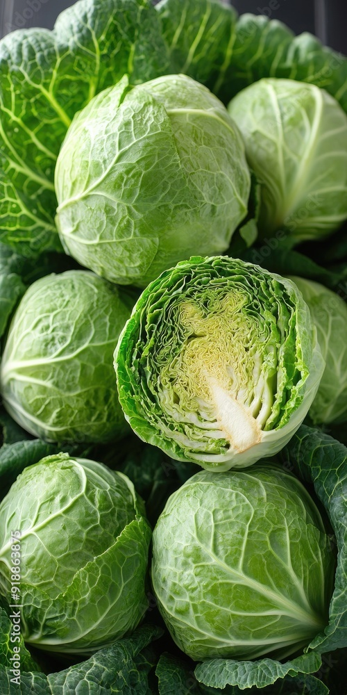 Fototapeta premium Fresh green cabbages, whole and cut