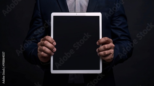 Businessman holding tablet pc with blank screen : Generative AI