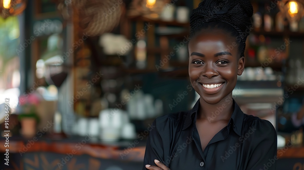Fototapeta premium Happy black woman cafe and owner by door of small business in confidence for management Portrait of young African female person or waitress smile with arms crossed of professional at c : Generative AI