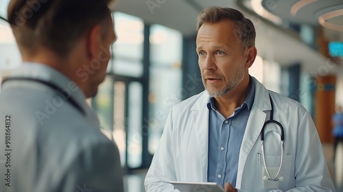 Pharmaceutical sales representative talking with doctor in medical building presenting new medication on tablet Hospital director manager in modern clinic with surgeon : Generative AI