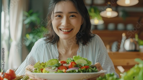 Happy Asian woman vegetarian healthy eating salad food and use tablet on the table Young woman vegetarian Vegetables and fruits Vegan food : Generative AI