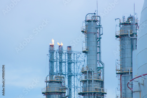 Methane Gas Fire High Flare Stack Flaring Tower Platform in Refinery Petroleum Plant or Flame Burn On Offshore Oil Extraction Process. photo