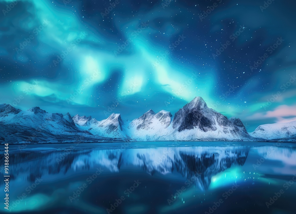 Naklejka premium Northern Lights Reflecting on a Tranquil Lake