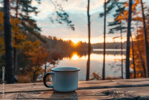 Coffee Mug on Wooden Table with Sunset Lake View