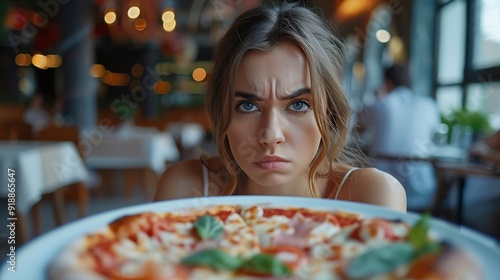 Unhappy Woman refusing to Eat her Pizza Dish in a Restaurant Disgruntled customer not liking the meal sending it back : Generative AI