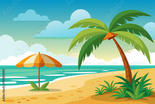 featuring a tropical beach scene orange and white umbrella art vector