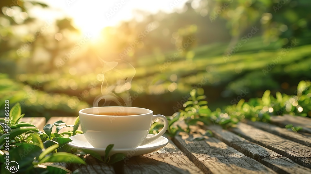 White cup of hot coffee on wooden table with tea plantation with sunlight background : Generative AI White cup of hot coffee on wooden table with tea plantation with sunlight background : Generative AI