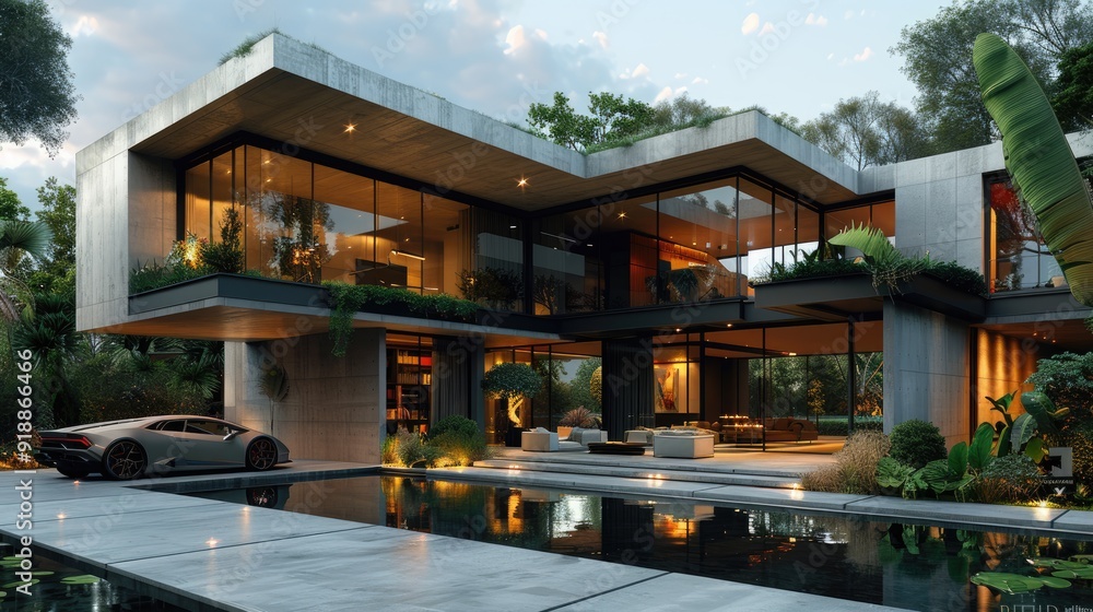 Modern house design with angular geometry, red and green accents, featuring sharp edges and large windows Modern house design with angular geometry, red and green accents, featuring sharp edges and large windows