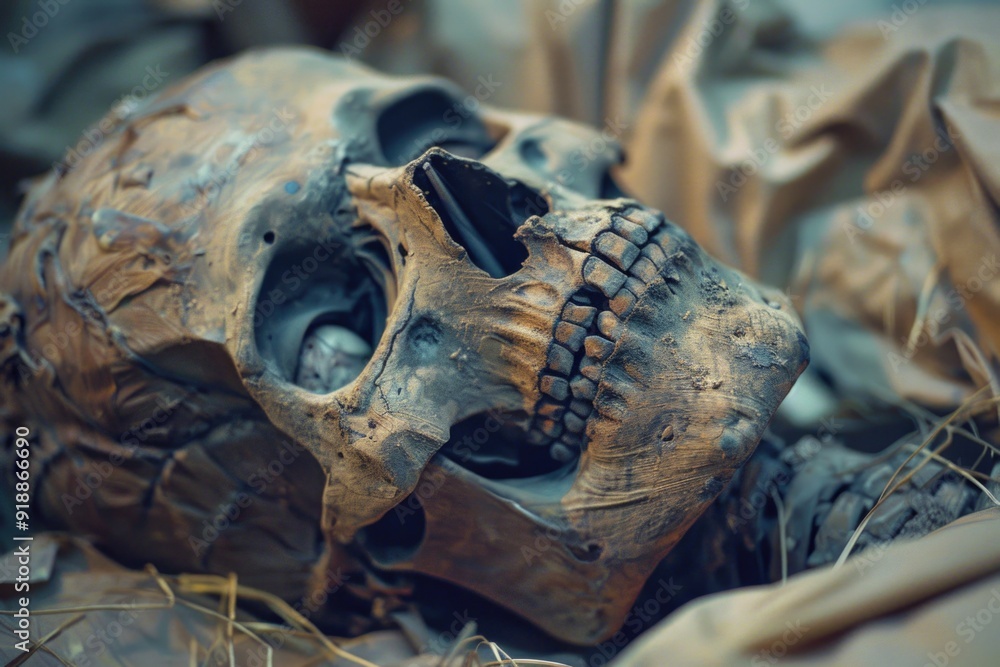 A close-up shot of a skull surrounded by leaves, great for Halloween or spooky themed images A close-up shot of a skull surrounded by leaves, great for Halloween or spooky themed images