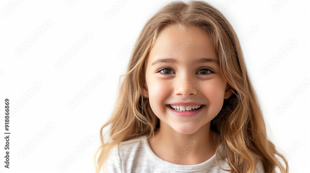 A joyful Caucasian girl smiling and looking at the camera, set against a white background.
A joyful Caucasian girl smiling and looking at the camera, set against a white background.