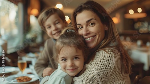 Happy mother embracing her kids while father is photographing them during family breakfast in hotel restaurant : Generative AI