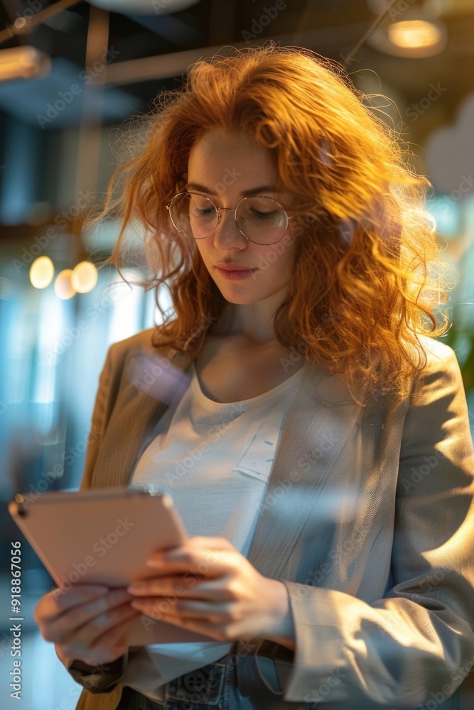 A woman with bright red hair is seated at a desk, using a tablet computer A woman with bright red hair is seated at a desk, using a tablet computer
