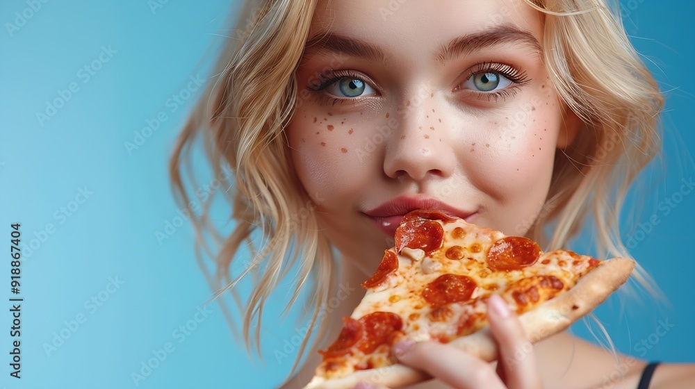 Full body size photo cadre of funny student girl blonde short hair hold huge piece pizza overeating hungry person isolated on blue color background : Generative AI Full body size photo cadre of funny student girl blonde short hair hold huge piece pizza overeating hungry person isolated on blue color background : Generative AI