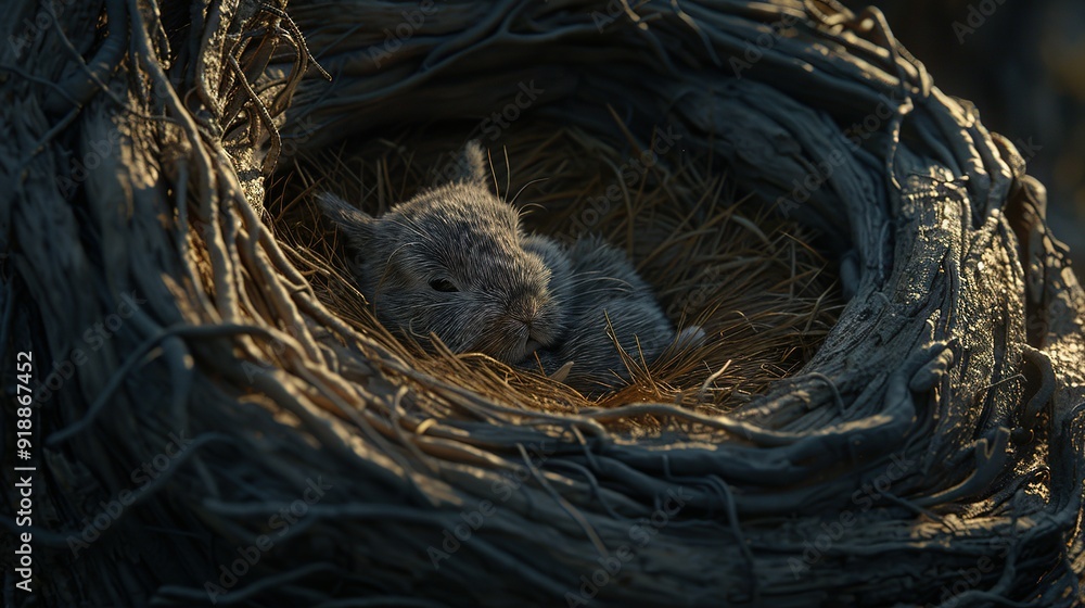 A Small, Furry Animal Napping in a Twisted Root Nest A Small, Furry Animal Napping in a Twisted Root Nest