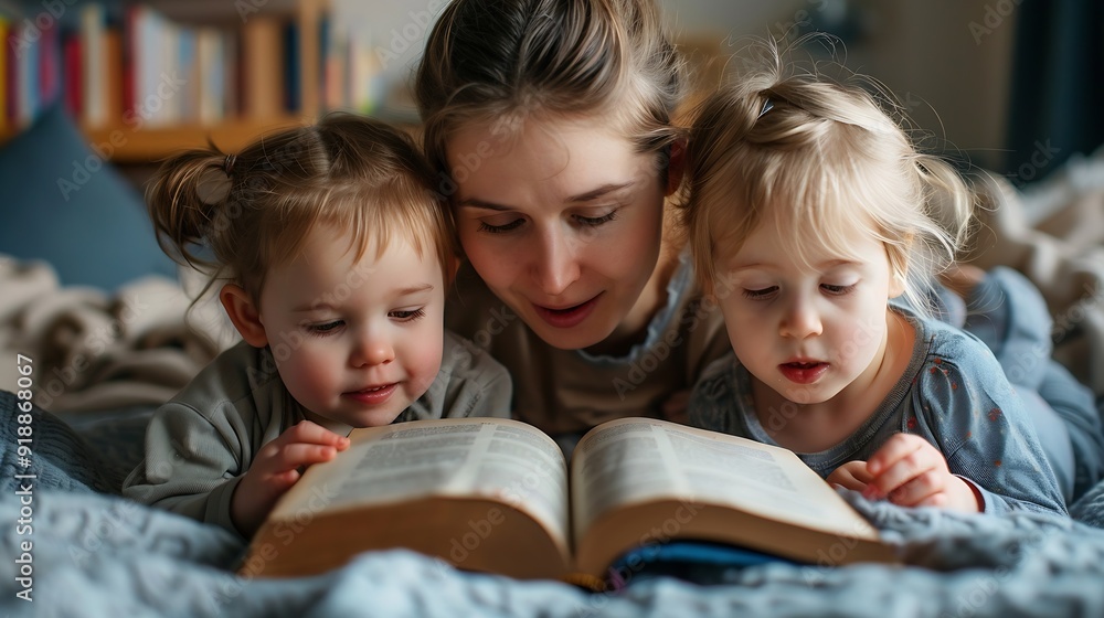 Mother with children reading book lying on bed at home : Generative AI Mother with children reading book lying on bed at home : Generative AI
