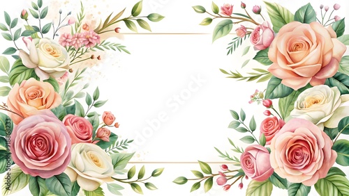 Floral frame with roses and decorative leaves. Watercolor wedding, invitation design. Floral elements, botanic watercolor.