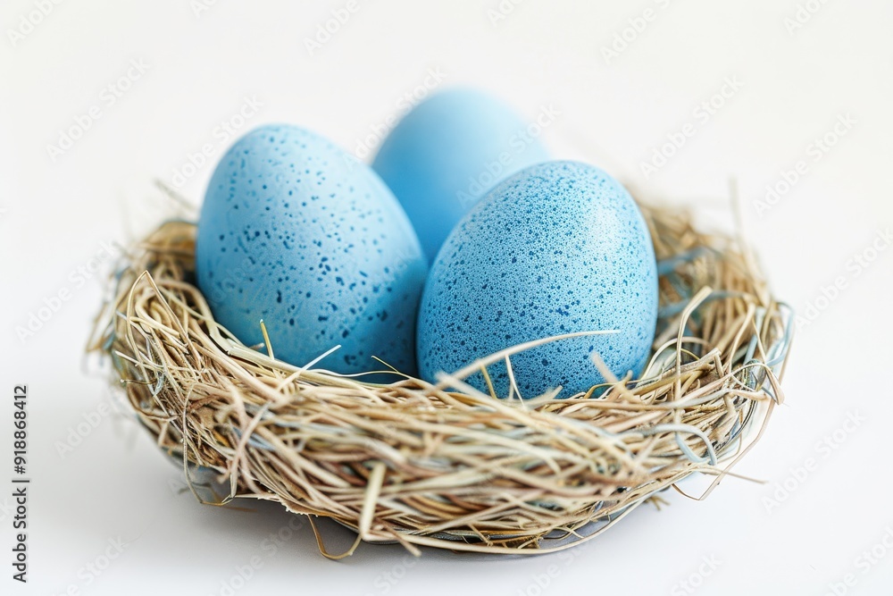 Three blue Easter eggs in a nest on white background Three blue Easter eggs in a nest on white background
