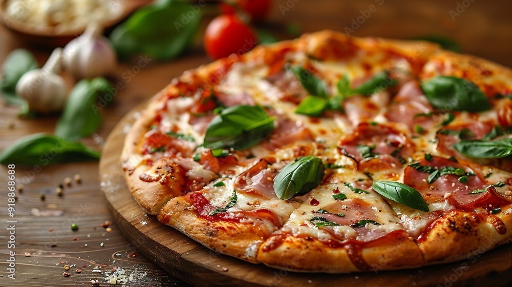 Pizza with cooked ham mozzarella cheese and vegetables on wooden table : Generative AI Pizza with cooked ham mozzarella cheese and vegetables on wooden table : Generative AI