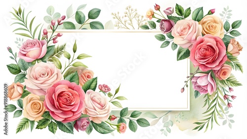 Floral frame with roses and decorative leaves. Watercolor wedding, invitation design. Floral elements, botanic watercolor.