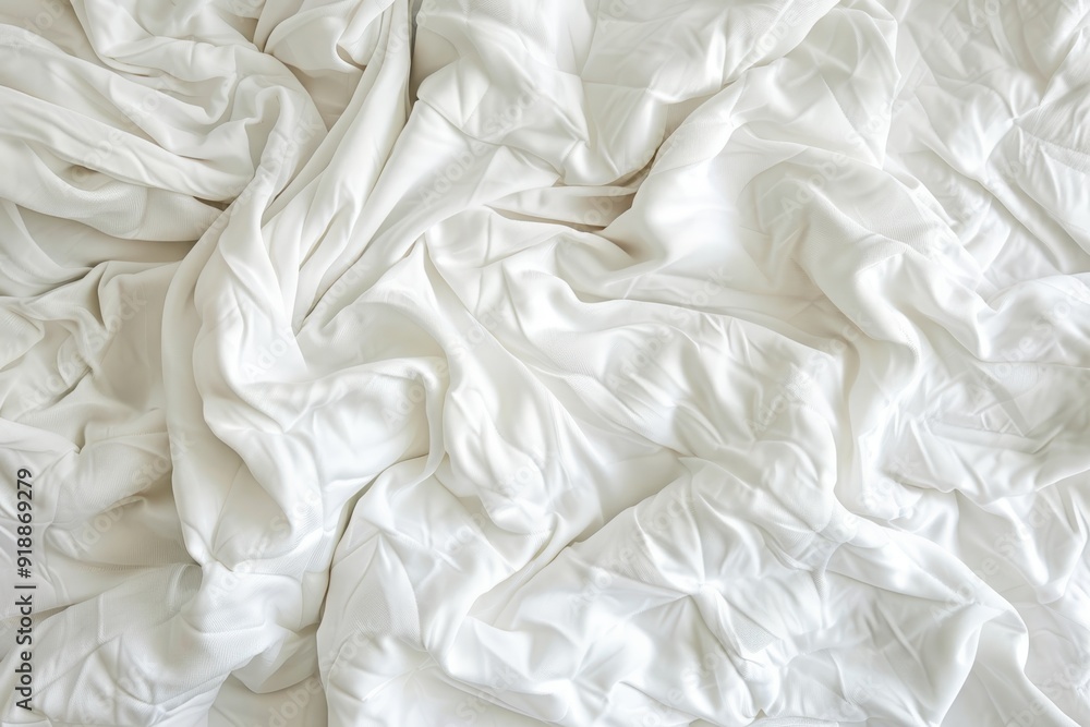 Top view of white wrinkled bedsheet cozy fabric texture Accommodation for relaxation Top view of white wrinkled bedsheet cozy fabric texture Accommodation for relaxation