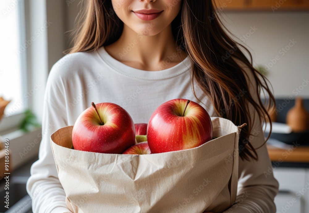Close-up of a young woman in a kitchen holding a cotton bag full of fresh red apples Close-up of a young woman in a kitchen holding a cotton bag full of fresh red apples