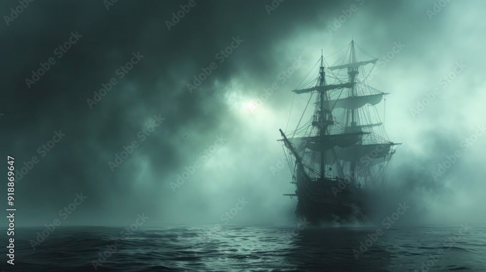 Eerie Ghost Ship Sailing Through Foggy Waters on a Spooky Halloween Night Eerie Ghost Ship Sailing Through Foggy Waters on a Spooky Halloween Night