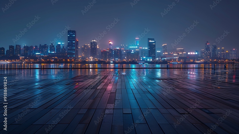 Fototapeta premium Empty square floors and city skyline with buildings in Zhoushan at night Zhejiang China : Generative AI