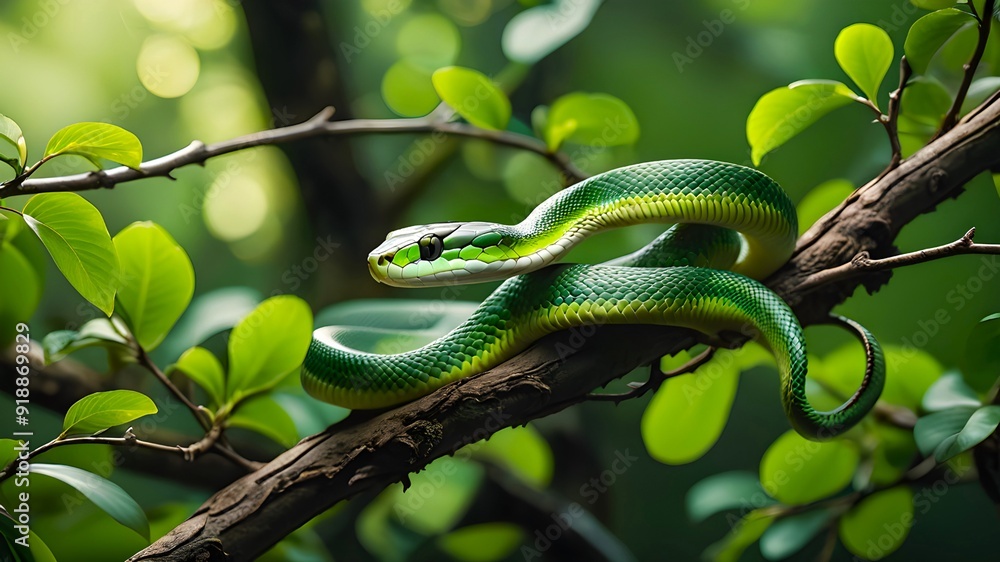 Obraz premium Calm green snake on branch in tropical forest. Chinese zodiac 