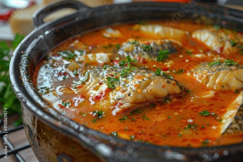 Traditional Hungarian fisherman s soup made in a cauldron with hot paprika and mixed river fish is a popular bright red dish photo