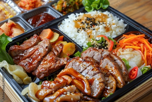 Variety of dishes including pork hamburger steak bulgogi stir fried squid and sushi