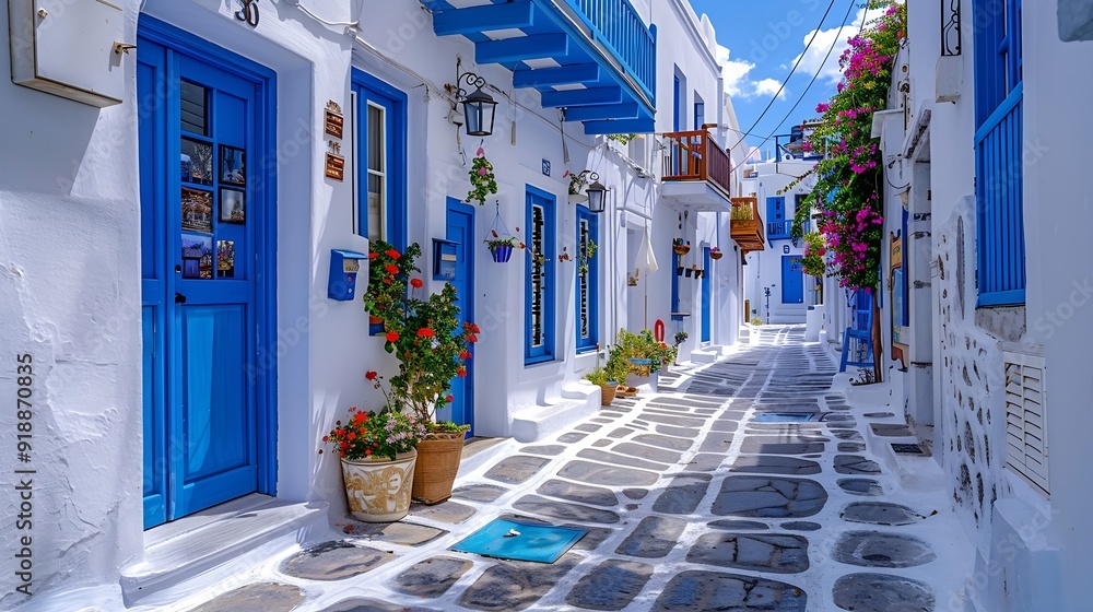 Fototapeta premium Picturesque narrow blue and white cobble street and traditional Greek houses in Mykonos Island Greece : Generative AI