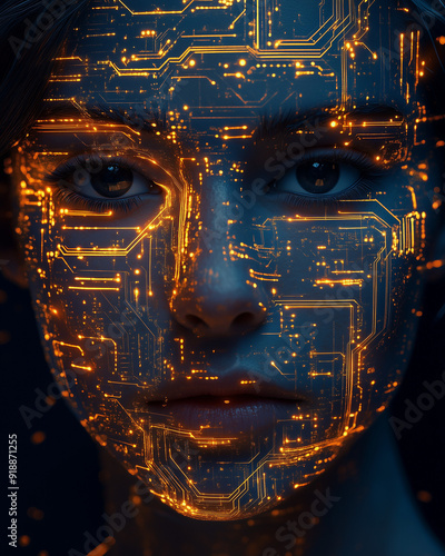 Digital Artwork of Futuristic Human Face with Circuitry Overlay