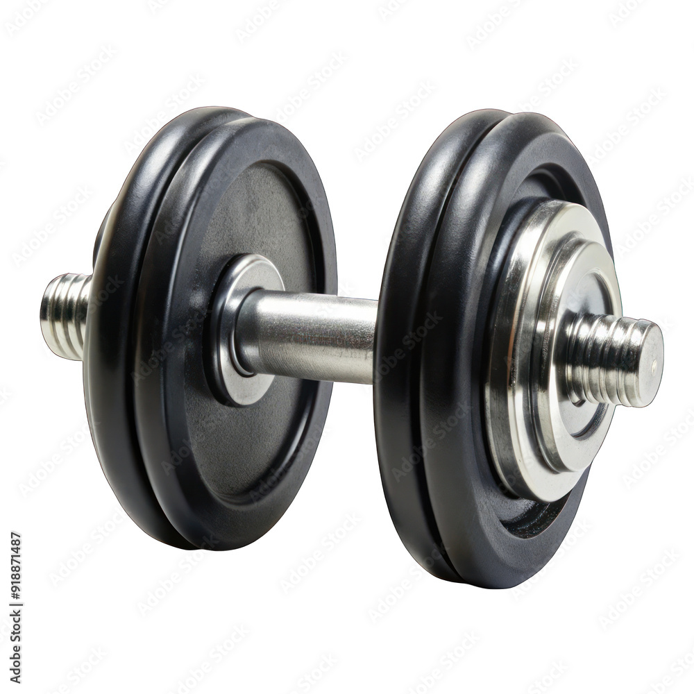 A black dumbbell with steel handle close up isolated on transparent background A black dumbbell with steel handle close up isolated on transparent background