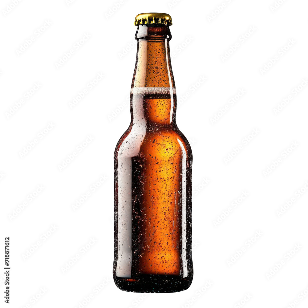 A cold, amber beer bottle with condensation, perfect for a refreshing drink on a warm day or a casual gathering. A cold, amber beer bottle with condensation, perfect for a refreshing drink on a warm day or a casual gathering.