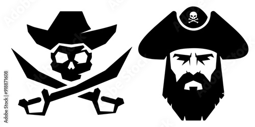 Pirate with a beard and Jolly Roger. Black silhouettes with pirate theme.