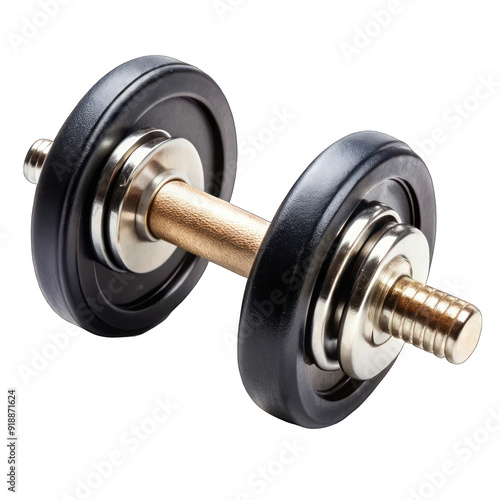 A black dumbbell with steel handle close up isolated on transparent background