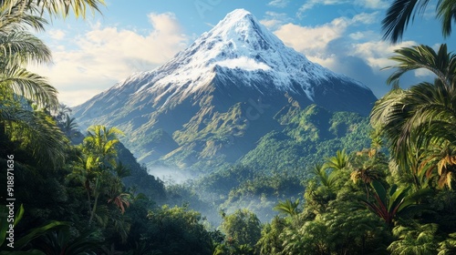 Majestic Snow-Capped Mountain Over Lush Jungle Landscape - Detailed HD Nature Scene