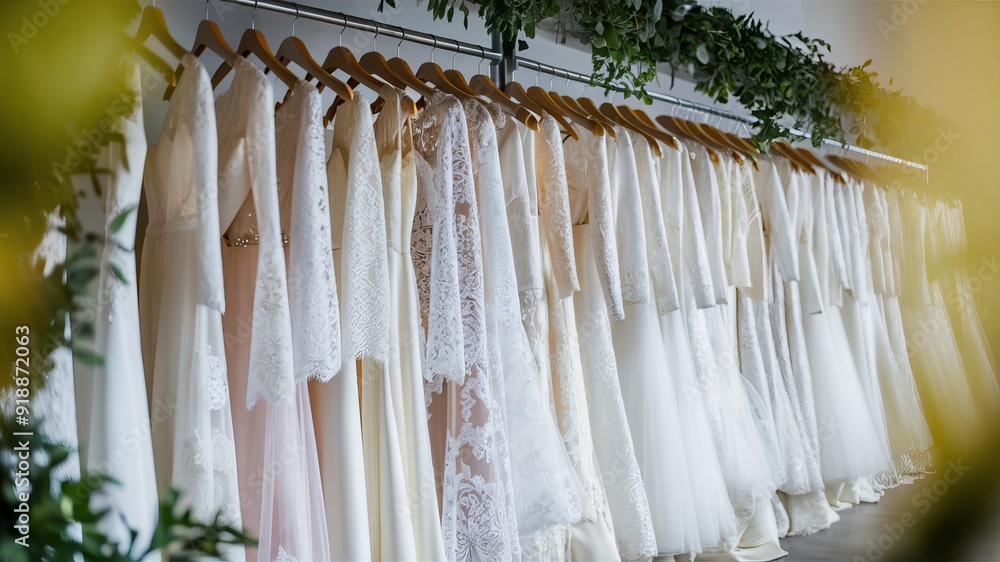 Dresses and wedding dresses hang on racks in a wedding dress shop. Dresses and wedding dresses hang on racks in a wedding dress shop.