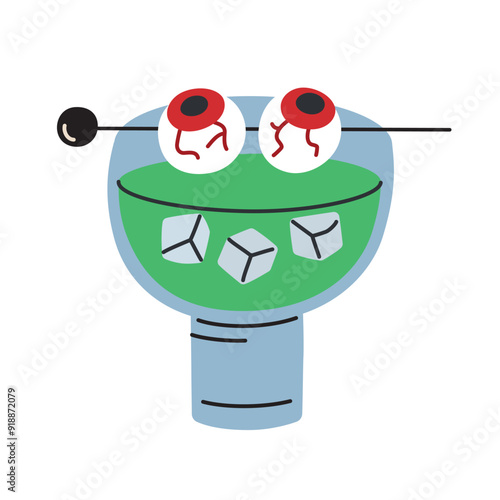 Halloween cocktail decorated with eyeballs, vector illustration of glass with green punch or sangria for themed parties and celebrations, poison apple beverage with creepy garnish, flat cartoon shot