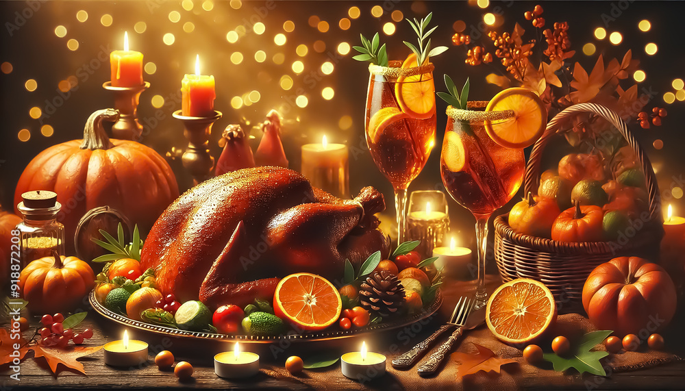 Thanksgiving table in a warm home atmosphere with roast turkey Thanksgiving table in a warm home atmosphere with roast turkey