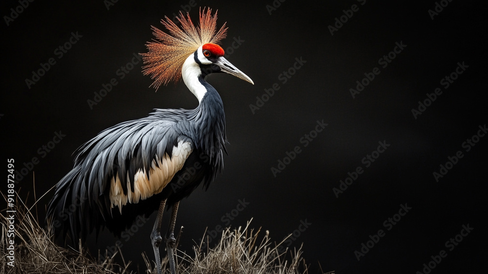 Fototapeta premium Portrait Grey crowned crane isolate on black background
