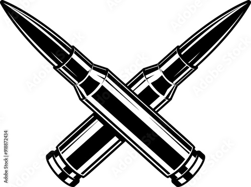 Crossed bullets cartridges from assault rifle. Design element for poster, card, banner, sign, logo, label, emblem. Vector illustration