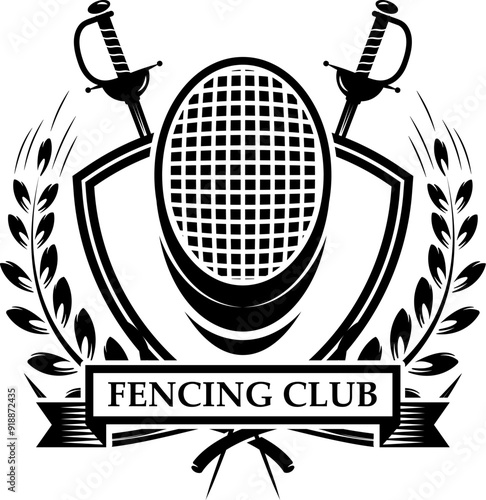 fencing sport emblem, badge and design element. Fencing swords, face guard. Vector illustration