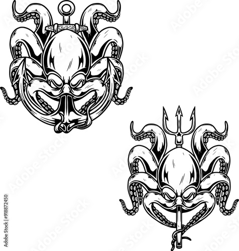 Illustration of octopus with trident and anchor. Design element for poster, card, banner, emblem, sign. Vector illustration