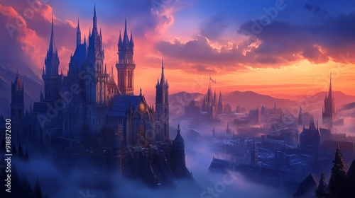 concept art of ancient cityscape with legendary architecture partially veiled in a thin layer of mist. 