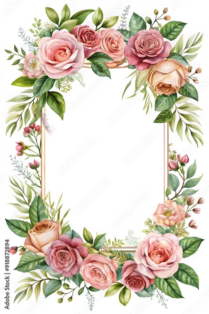 Ready to use Card. Watercolor invitation design with roses, leaves. flower and watercolor background. Floral elements, botanic watercolor illustration. Template for wedding frame Ready to use Card. Watercolor invitation design with roses, leaves. flower and watercolor background. Floral elements, botanic watercolor illustration. Template for wedding frame