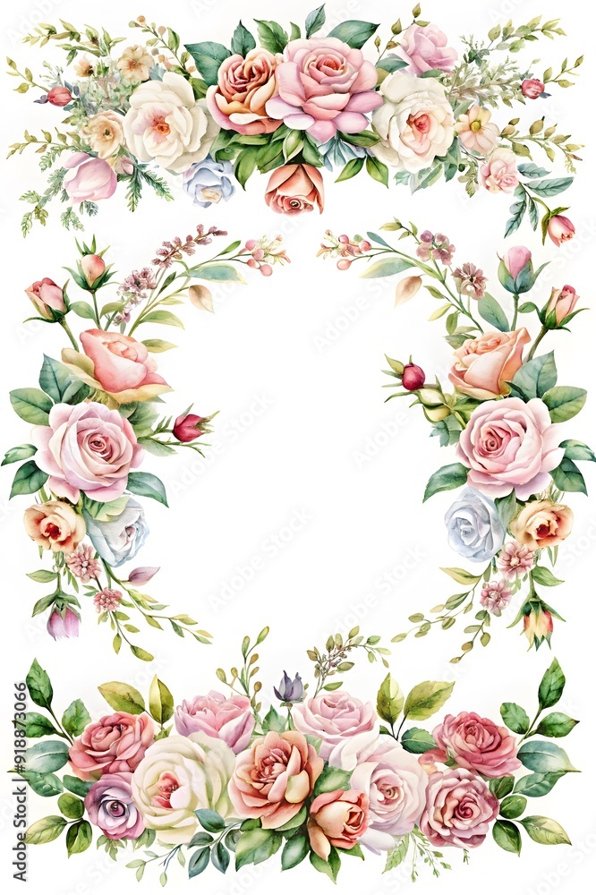 Ready to use Card. Watercolor invitation design with roses, leaves. flower and watercolor background. Floral elements, botanic watercolor illustration. Template for wedding frame Ready to use Card. Watercolor invitation design with roses, leaves. flower and watercolor background. Floral elements, botanic watercolor illustration. Template for wedding frame
