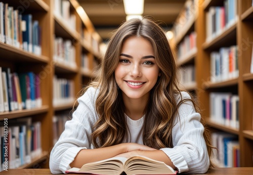 Young woman smiling in a library, surrounded by books, studying at a desk for exams