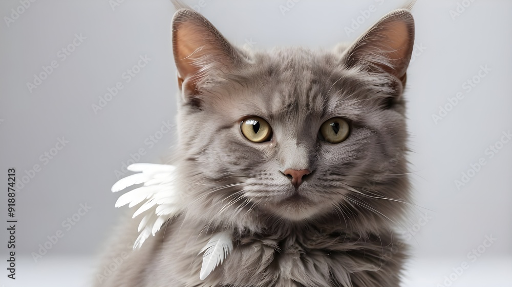 Isolated on a white backdrop, an adorable gray cat with angel wings is seen in close-up frontal perspective. Isolated on a white backdrop, an adorable gray cat with angel wings is seen in close-up frontal perspective.